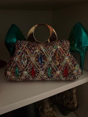Multicolor Jeweled Evening Clutch with Gold Handle
